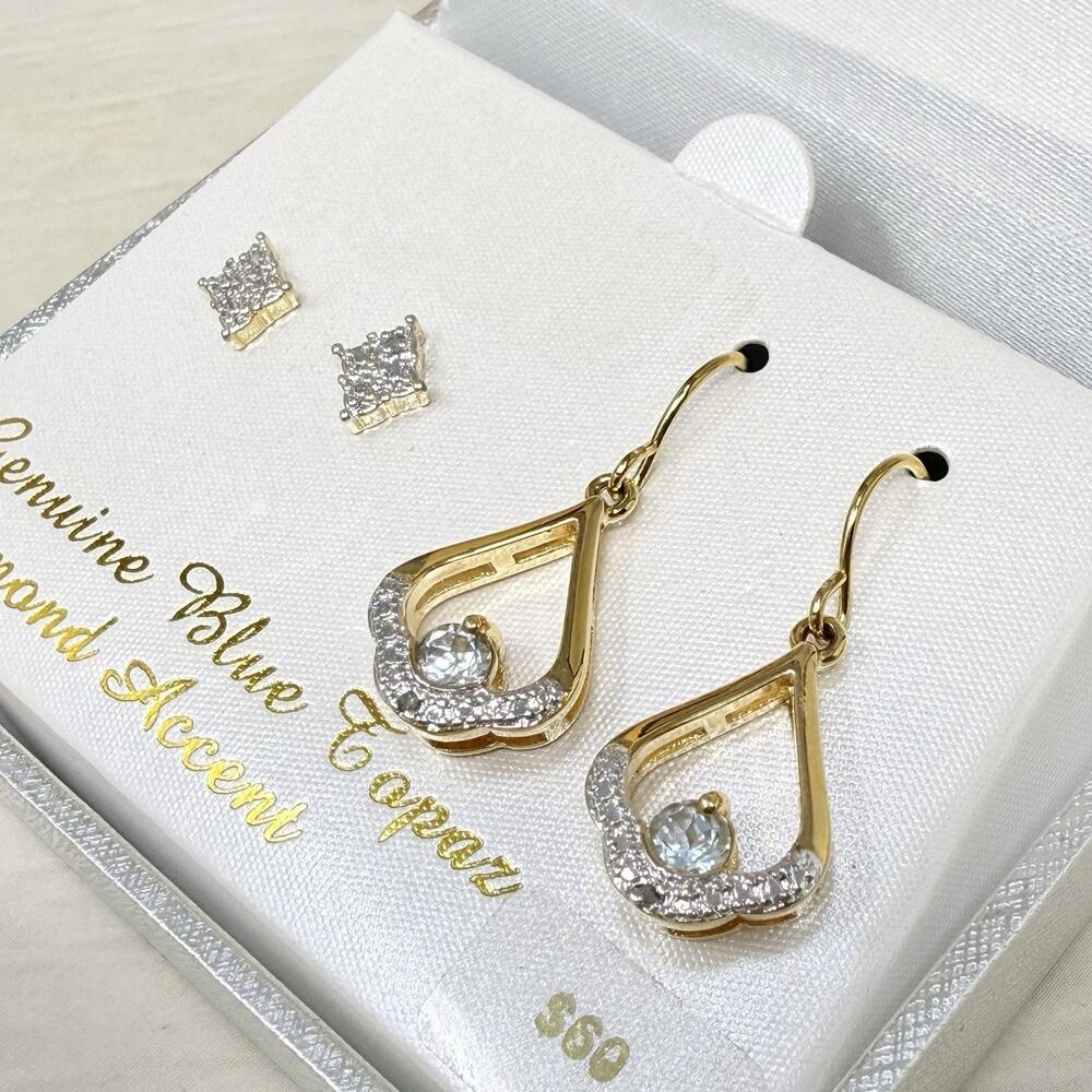 Two Pair PAJ BB China Blue Topaz and Diamond Accent Teardrop Dangle Earrings - Picture 2 of 8